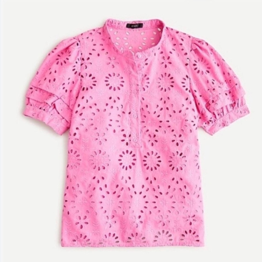 J. Crew Women’s Eyelet Ruffle Sleeve Hot Pink Blouse Top Sz M